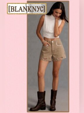 NWT Blank NYC The Reeve Overdyed Denim High Rise Ribcage Studded Shorts Brown 29